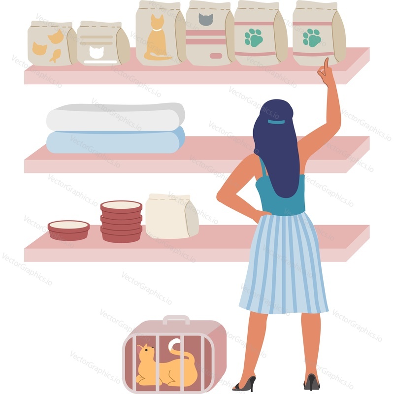 Woman at pet shop vector icon isolated background.