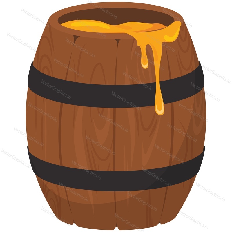 Honey barrel wooden keg vector. Wood cask full dripping honeycomb icon isolated on white background