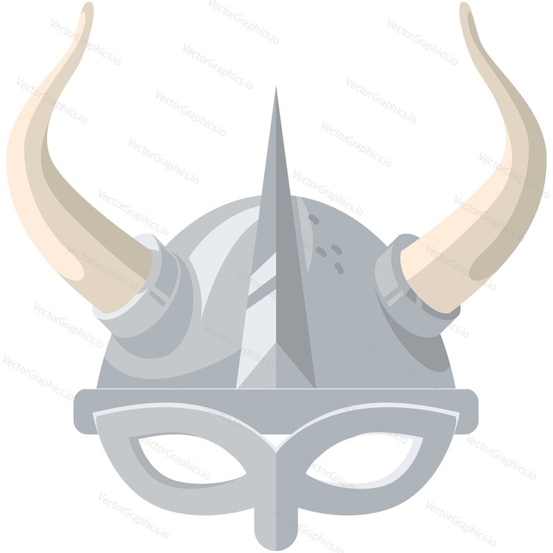 Viking helmet with horn vector. Scandinavian knight hat, horned metal battle cap for barbarian norseman isolated on white background