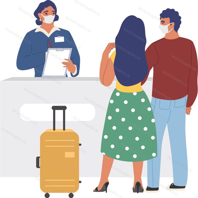People in mask checking documents before departure at airport vector icon isolated background. Fight rules concept.
