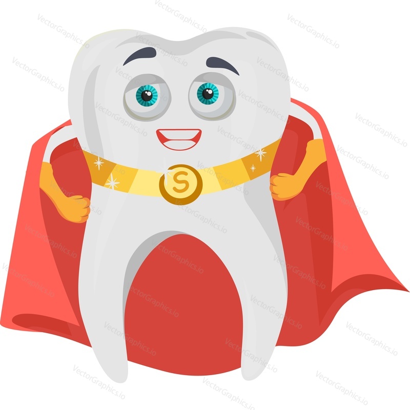 Tooth superhero in cloak and golden belt vector icon isolated on white background