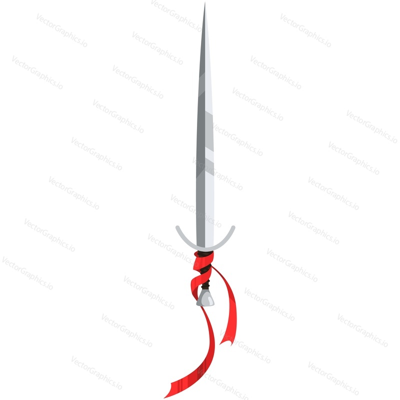 Circus performer sword for magician trick vector. Steel sharp magical knife with red ribbon isolated on white background