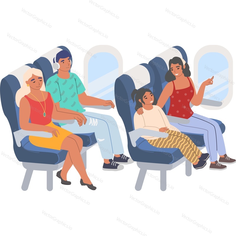 Different airplane passengers on sitting seats vector icon isolated background.