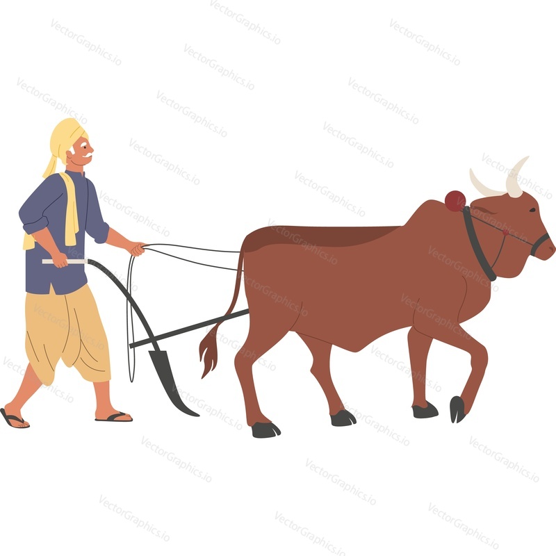 Indian male farmer plowing soil vector icon isolated background.