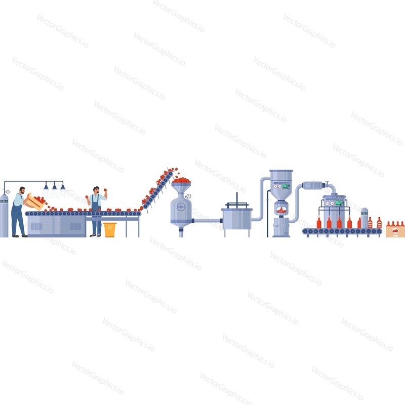 Векторная иконка производственной линии фабрики по производству кетчупа, изолированная на белом фоне