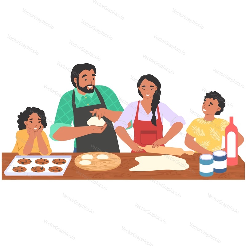 Happy family cooking together baking biscuits vector icon isolated on white background