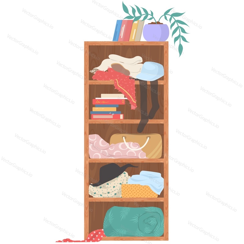 Scattered clothes on shelves vector icon isolated on white background
