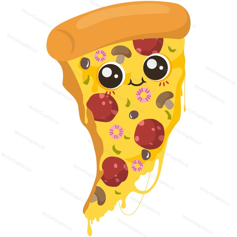 Pizza slice character cartoon vector. Fast food happy face, funny comic mascot smile isolated on white background. Kawaii italian snack icon