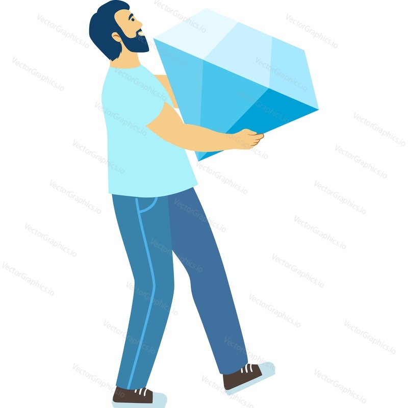 Man carrying huge diamond gemstone vector icon isolated on white background