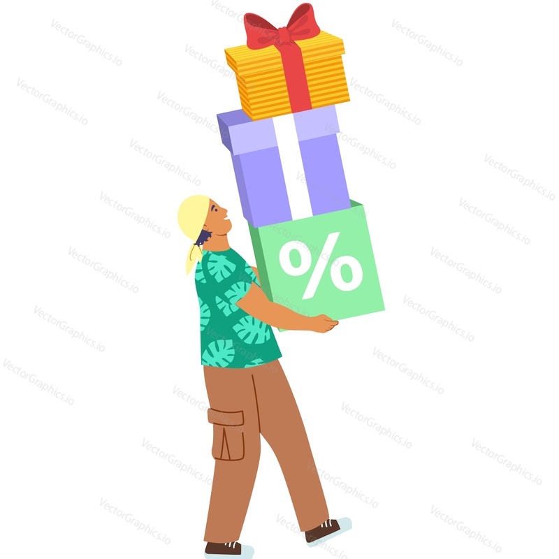 Man shopper carrying huge stack of gift box vector icon isolated on white background