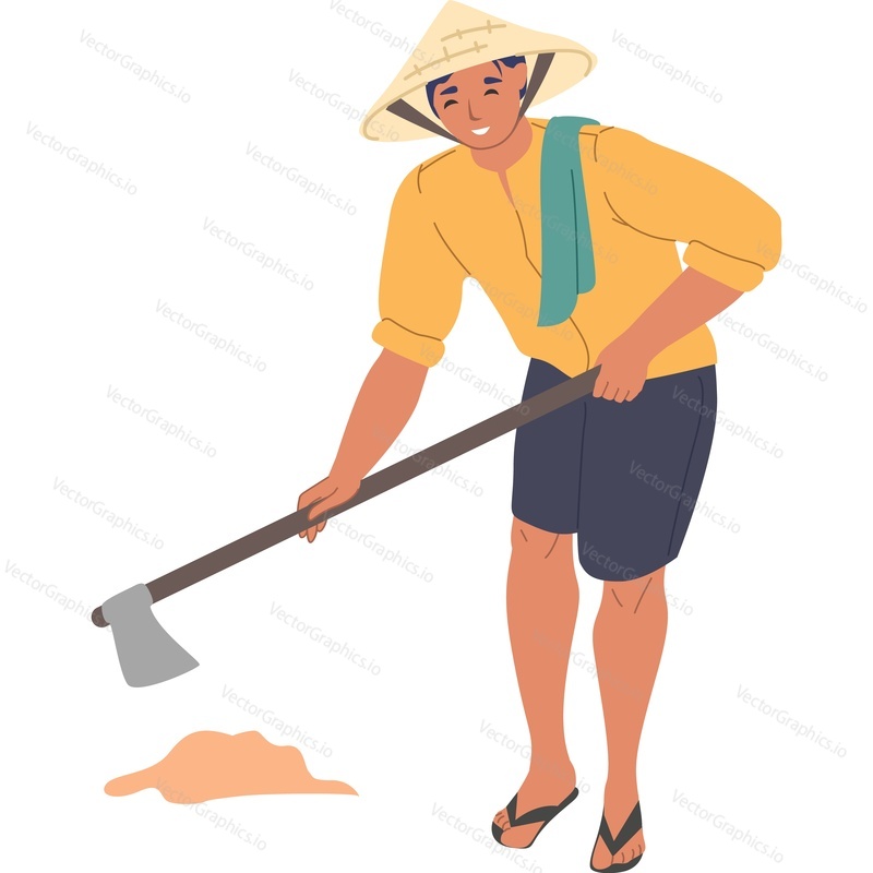 Male asian farmer plowing garden soil vector icon isolated background.