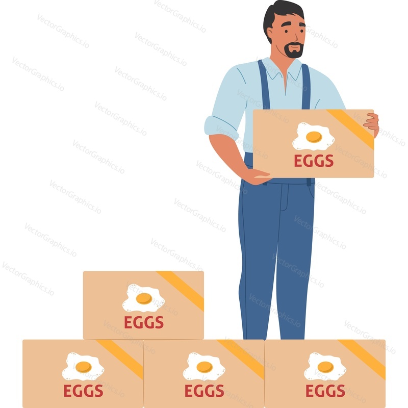 Курьер, доставляющий яйца картонными упаковками для продажи векторной иконки, изолированной на белом фоне