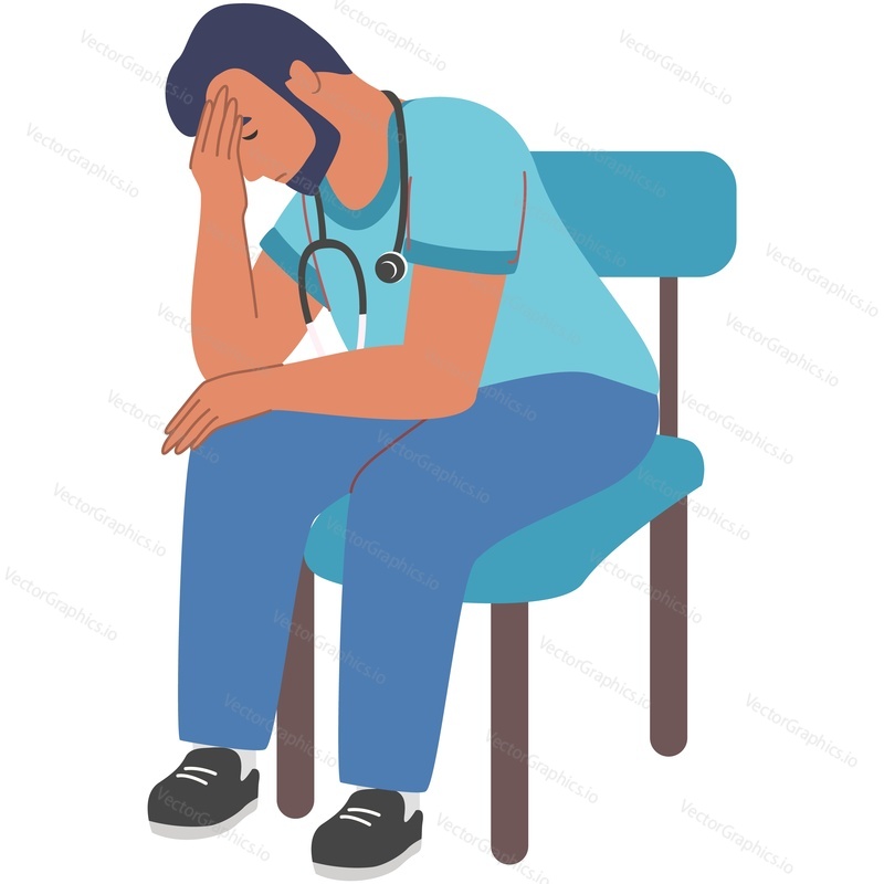 Tired exhausted doctor sitting on chair vector. Sad fatigue man physician character in uniform isolated on white background. Medical clinic staff burnout Healthcare and medicine