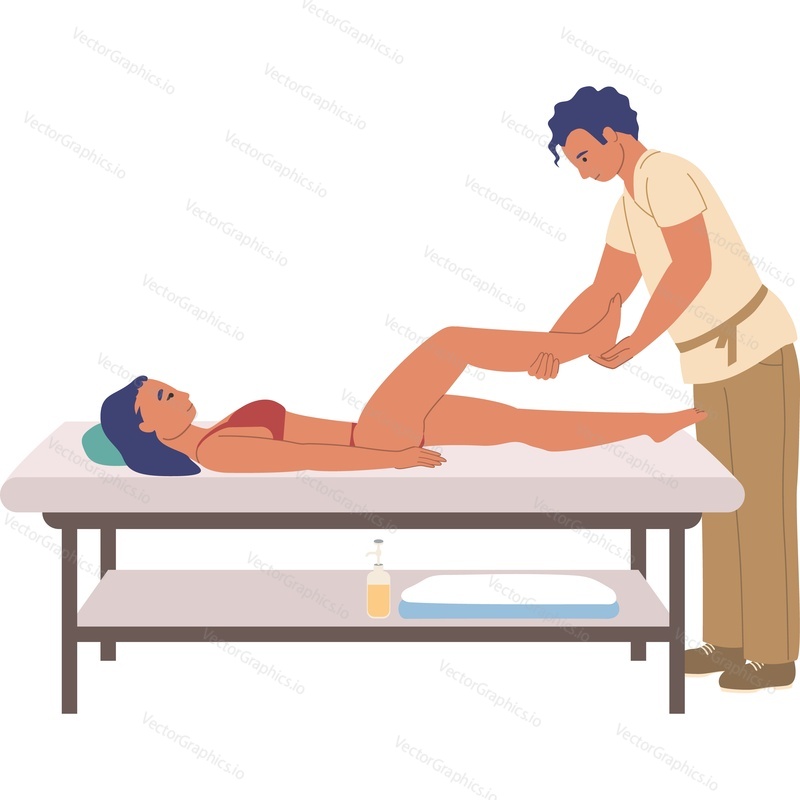 Мужчина-массажист делает массаж ног женщине-клиенту векторной иконкой на изолированном фоне.