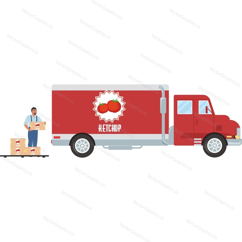 Транспортировка кетчупа грузовиком доставки векторная иконка, изолированная на белом фоне