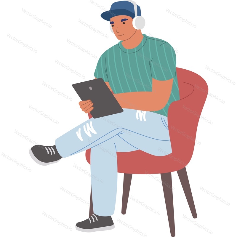 Hipster man listening radio podcast using mobile tablet vector icon isolated background.