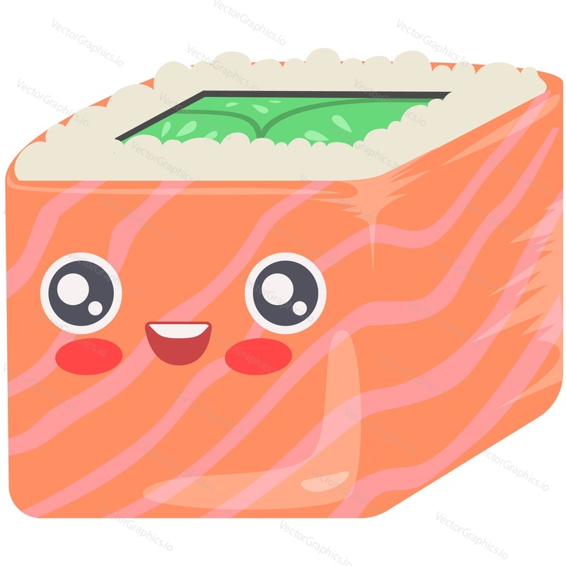Суши векторный японский персонаж с милой едой. Забавный значок сашими каваи из мультфильма о роллах, изолированный на белом фоне