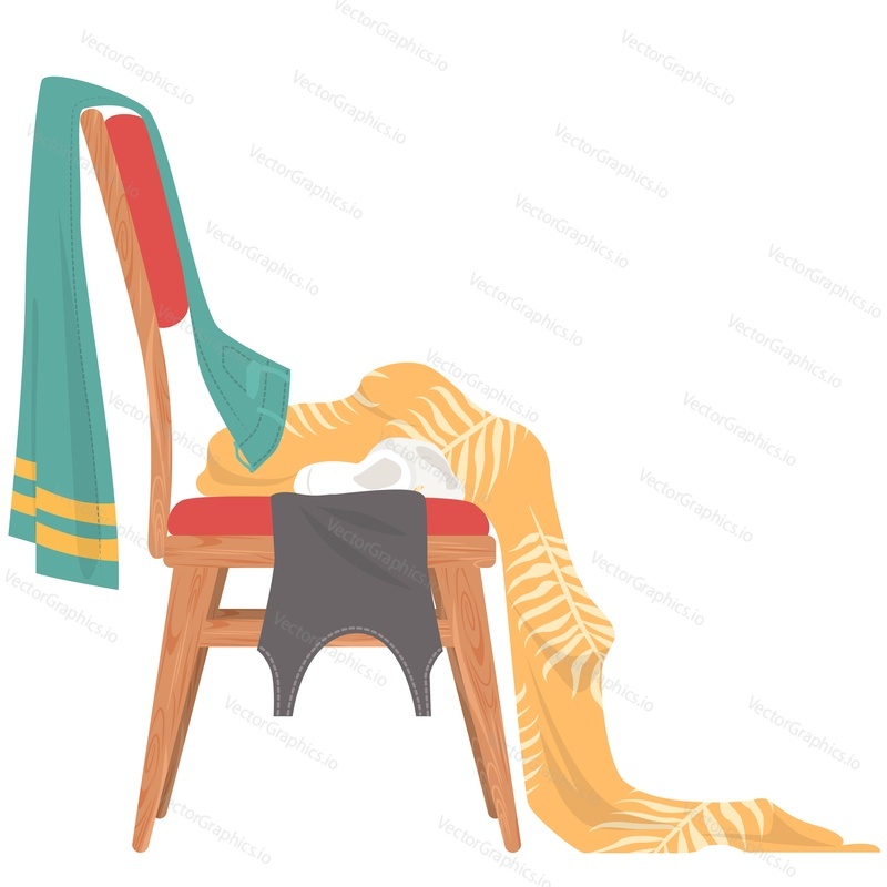 Разбросанная одежда на стуле векторная иконка, изолированная на белом фоне