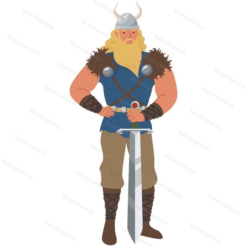 Персонаж мультяшного воина-викинга в векторном шлеме. Варвар с бородой и сильным телом изолирован. Иллюстрация средневековой одежды Норвегии. Древний мужчина-боец с мечом на белом фоне