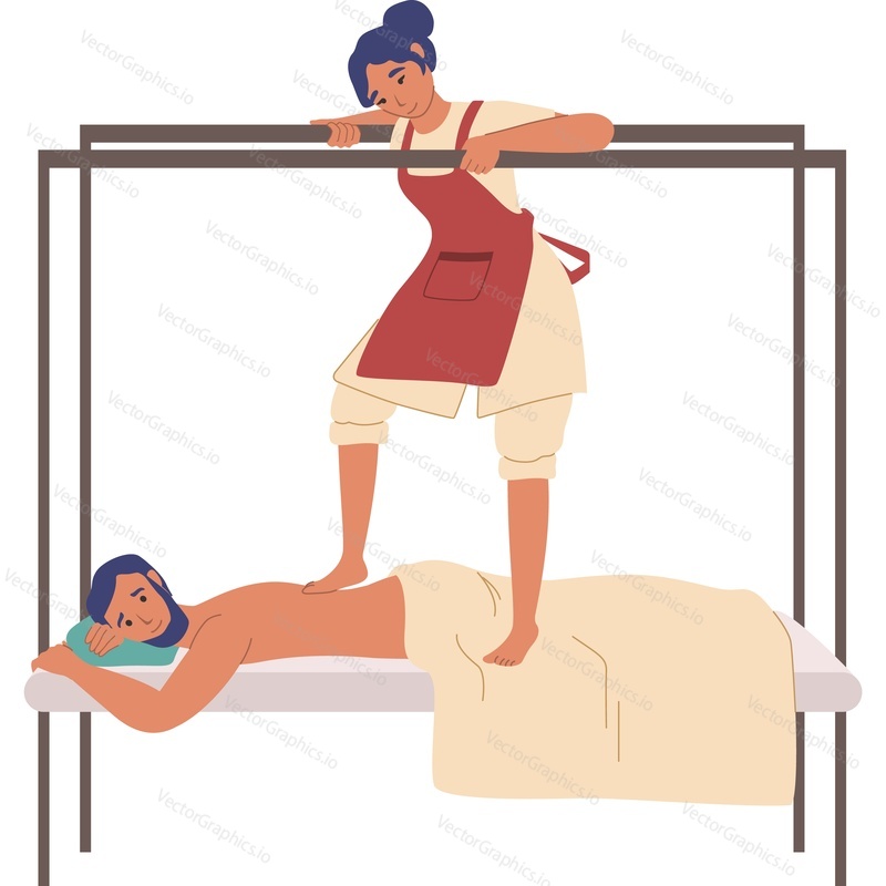 Masseur doing back massage with feet vector icon isolated background.