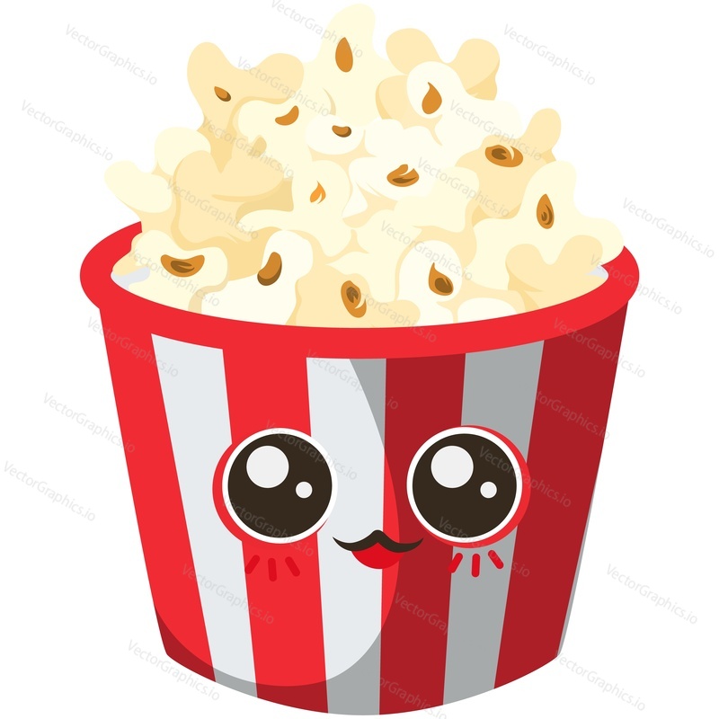 Pop corn box cartoon vector character. Funny popcorn box icon isolated. Cute smile snack packaging emoticon on white background. Kawaii fastfood pack illustration