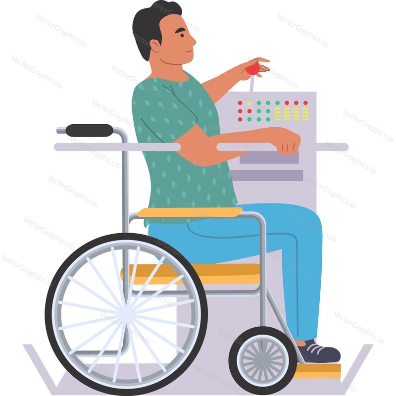 Man in wheelchair using special lift vector icon isolated on white background