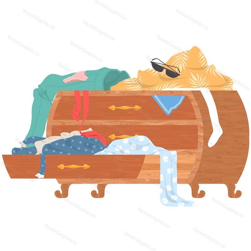 Scattered clothes on chest of drawers vector icon isolated on white background