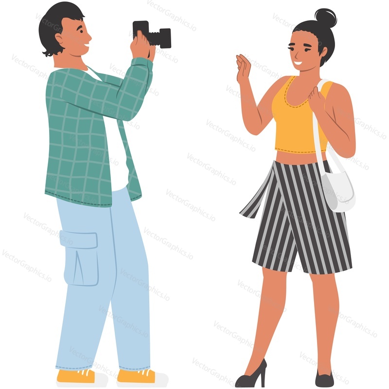 Man shooting loving girl on camera vector icon isolated on white background