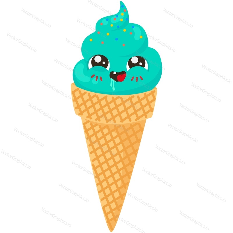 Ice cream cone cute character cartoon vector. Funny pistachio icecream waffle with happy face isolated on white background. Sweet fast food snack icon