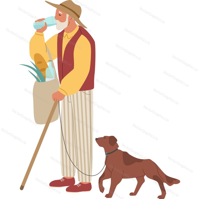 Old man carrying shopping bag walking his dog and drinking water vector icon isolated background.
