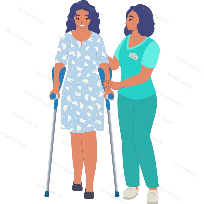 Woman on crutches trying to walk with help of nurse assistant vector icon isolated on white background