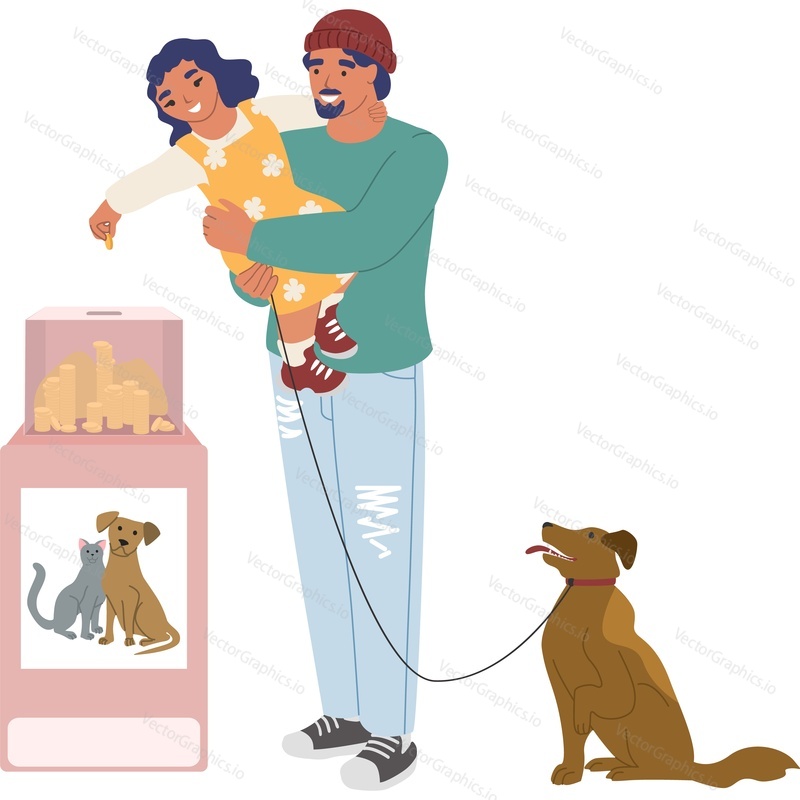 Happy father and daughter at pet shelter vector icon isolated background.