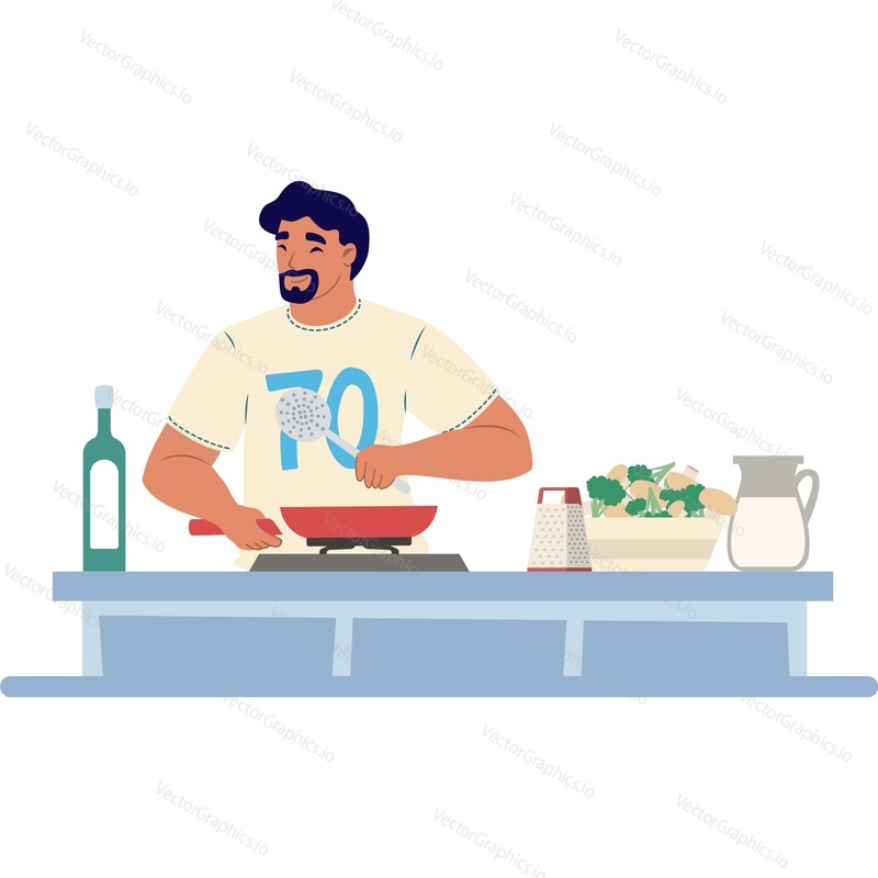 Мужчина, работающий по дому, готовит ужин векторная иконка, изолированная на белом фоне