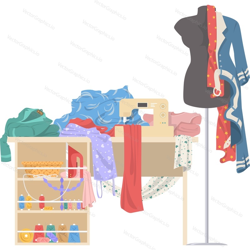 Scattered clothes at tailor shop vector icon isolated on white background