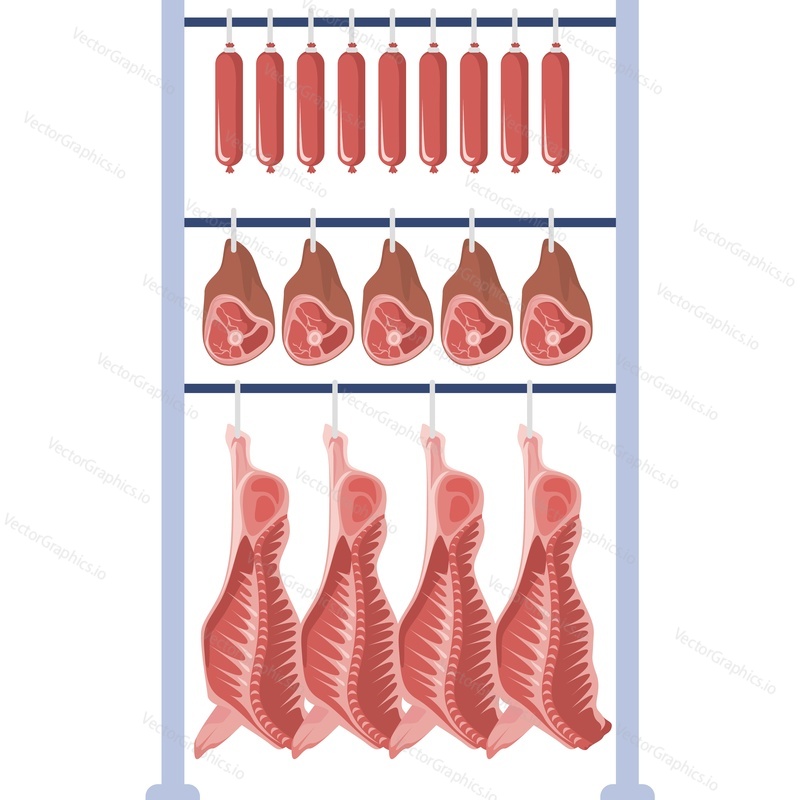 Витрина мясной лавки с подвешенным векторным значком мяса, ветчины и сосисок, изолированным на белом фоне
