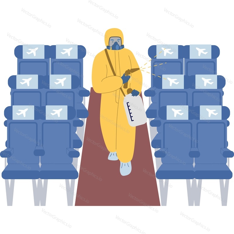 Man in PPE sanitizing bus seats vector icon isolated background. Fight rules concept.