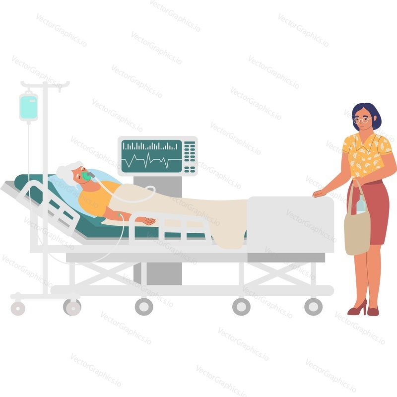 Взрослая дочь навещает больную мать в больнице векторный значок, изолированный на белом фоне