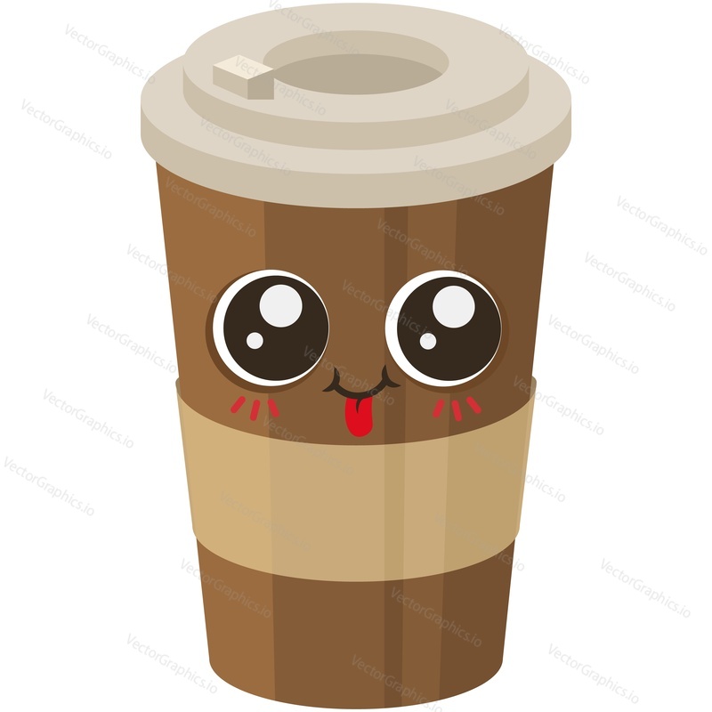 Векторный персонаж кофейной чашки. Бумажная кружка на вынос, забавный мультяшный напиток с держателем, хихикающим и показывающим значок языка. Чай или счастливый латте, выделенный на белом фоне