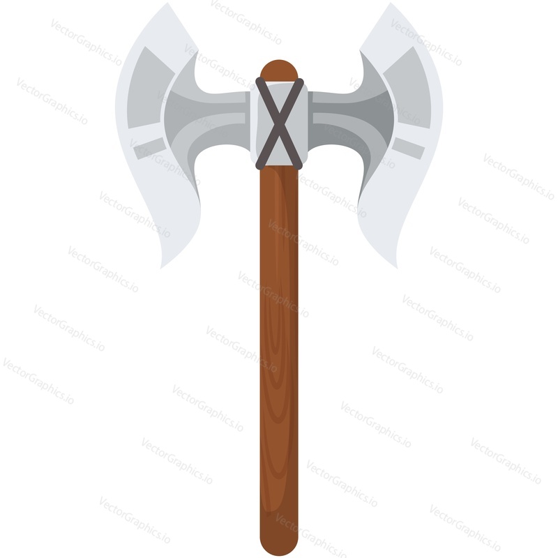 Viking battle double axe vector. Medieval weapon with steel blade, vintage sharp metal war hatchet icon isolated on white background