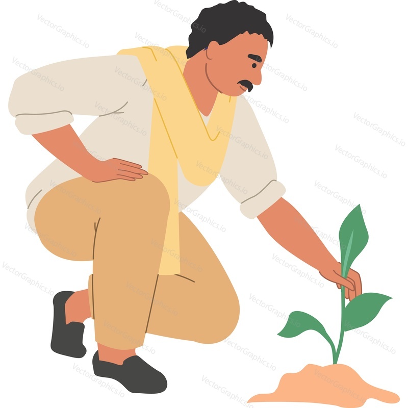 Indian man farmer growing plants vector icon isolated background.