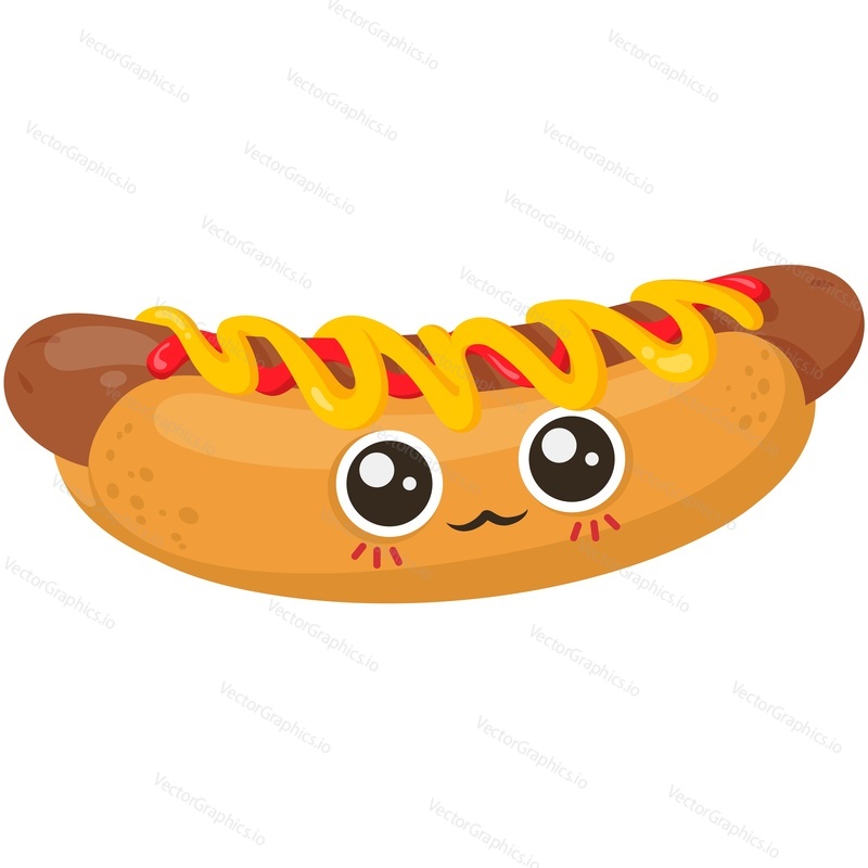 Hot dog cartoon character vector. Funny bun with sausage, ketchup and mustard isolated on white background. Cute fast food icon
