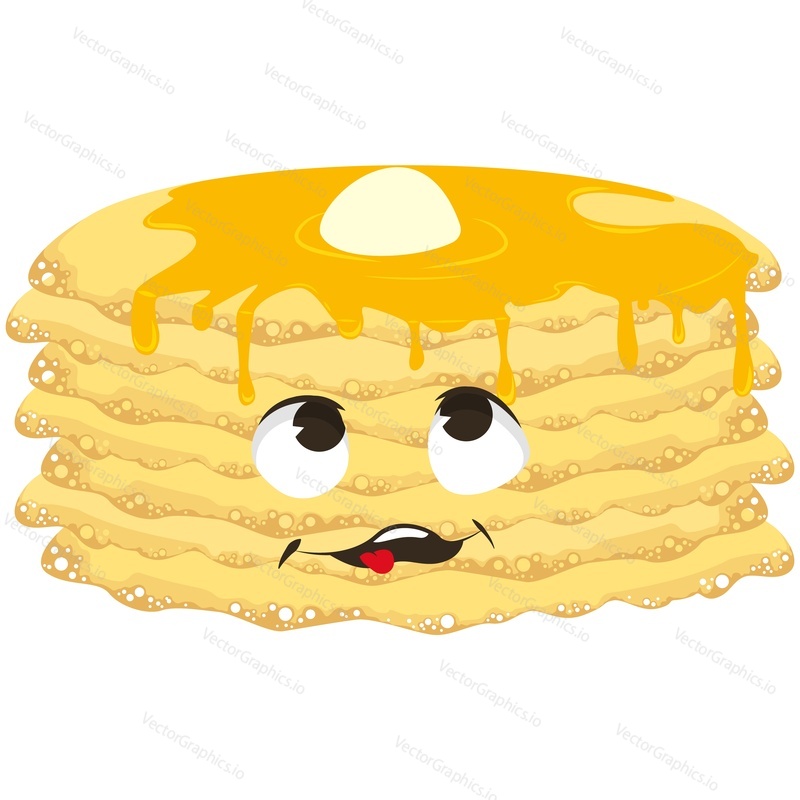 Вектор персонажа из мультфильма о блинах. Симпатичная еда с эмодзи с кленовым сиропом и маслом. Забавная иллюстрация горячего сладкого блюда. Лицо талисмана домашнего десерта, выделенное на белом фоне