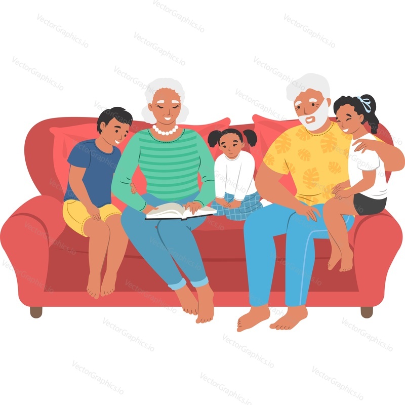 Счастливые бабушка и дедушка читают с детьми на диване векторную иконку, изолированную на белом фоне