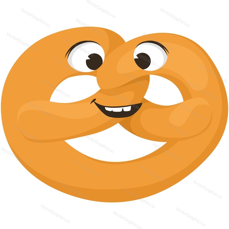 Cartoon bakery vector funny pretzel food character. Cute roll bun mascot face isolated on white background. Sweet pastry snack icon