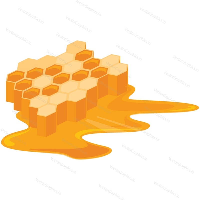 Vector honeycomb cell isometric illustration. Beeswax filled with honey and syrup drop. Beekeeping, product isolated on white