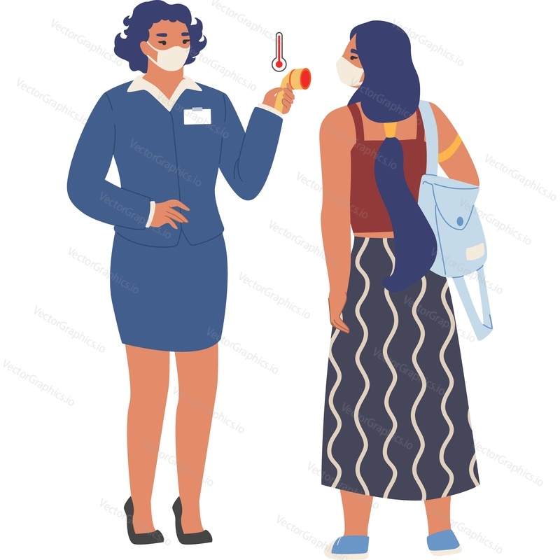 Stewardess checking female passenger temperature vector icon isolated background. Fight rules concept.