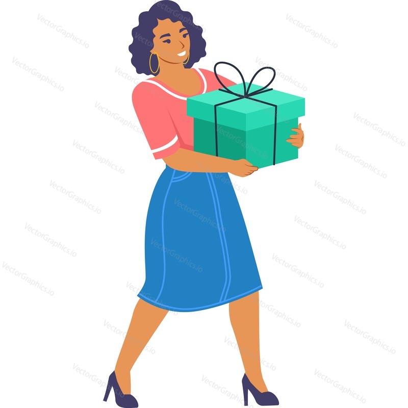 Woman with gift box vector icon isolated on white background