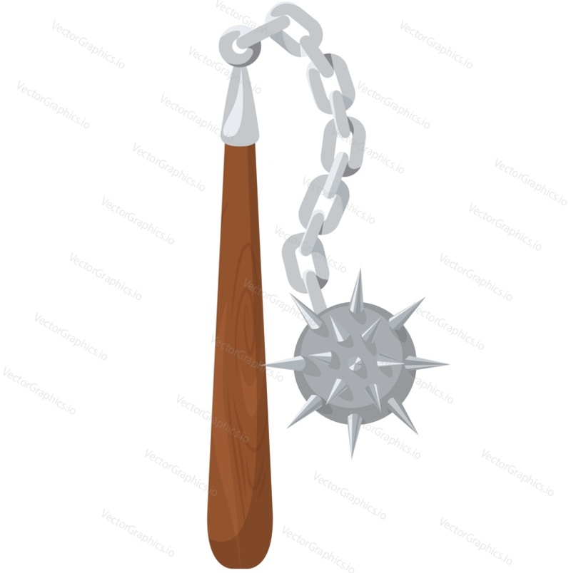 Viking battle mace vector. Medieval weapon or ancient nordic barbarian arms with iron head and spike on chain isolated on white background