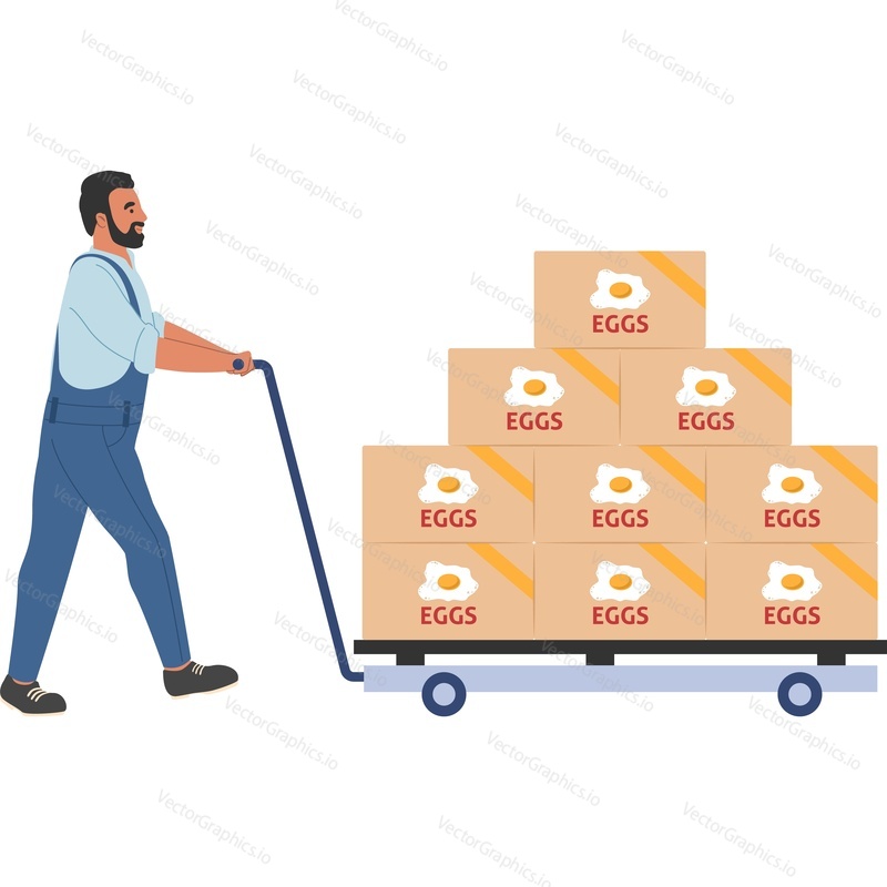 Warehouse worker pushing trolley cart with eggs pack vector icon isolated on white background