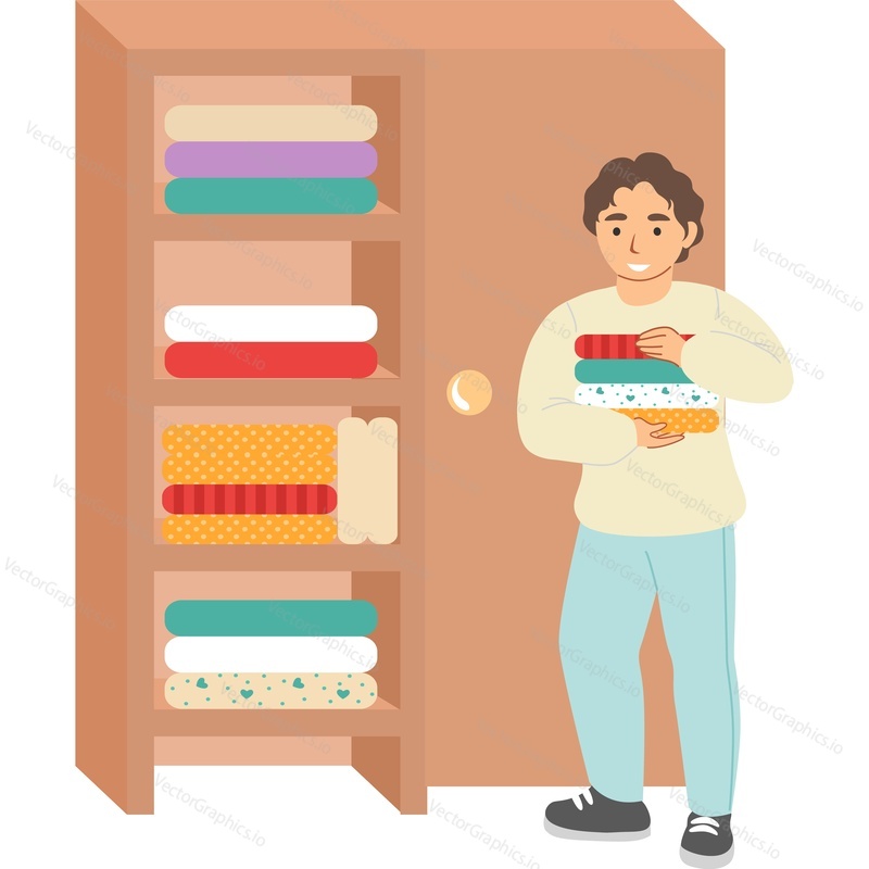 Little boy folding clothes into wardrobe vector icon isolated on white background